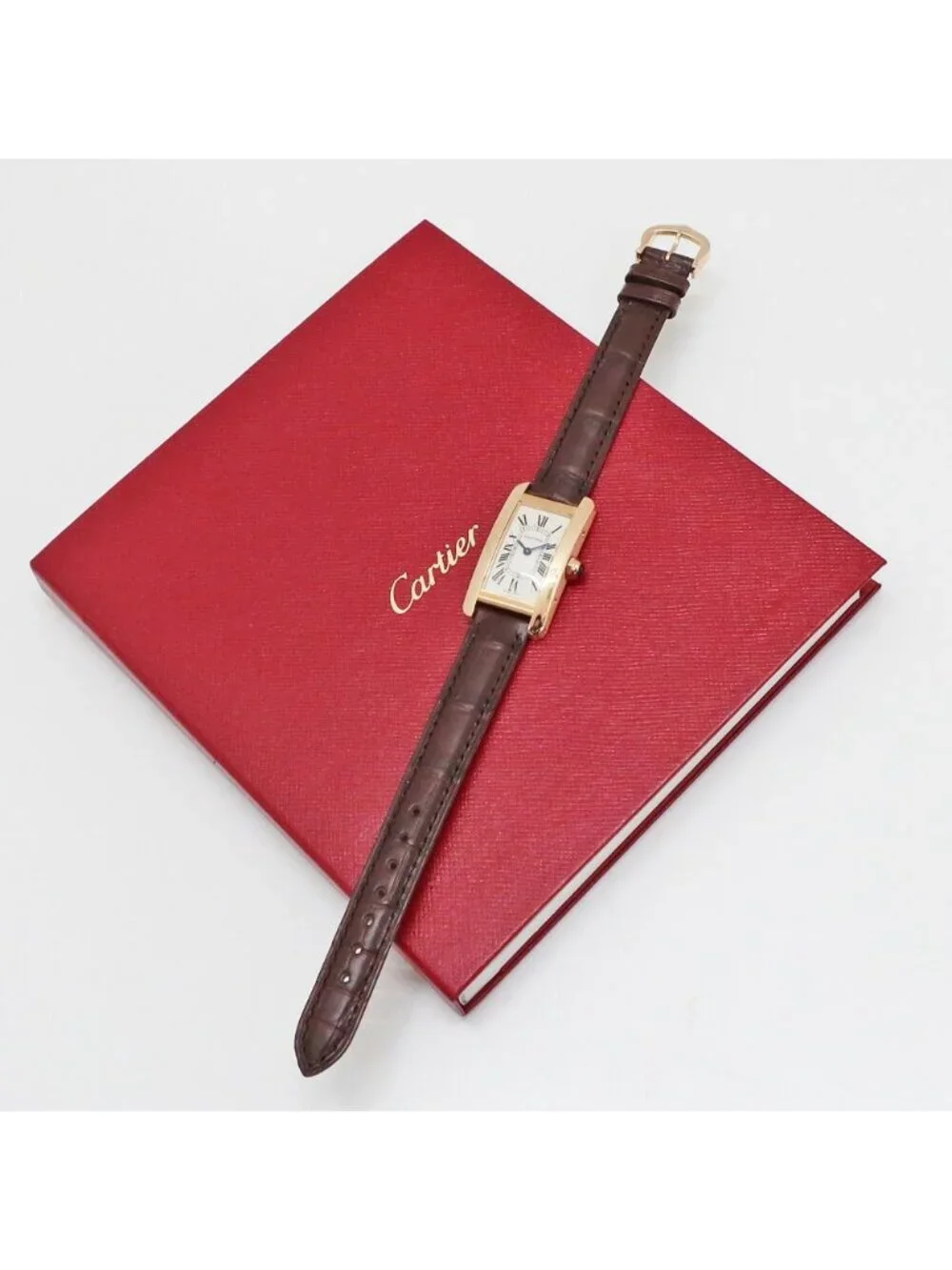 Cartier Ten & Battery Replaced Tank American SM PG Leather Silver Quartz Watch